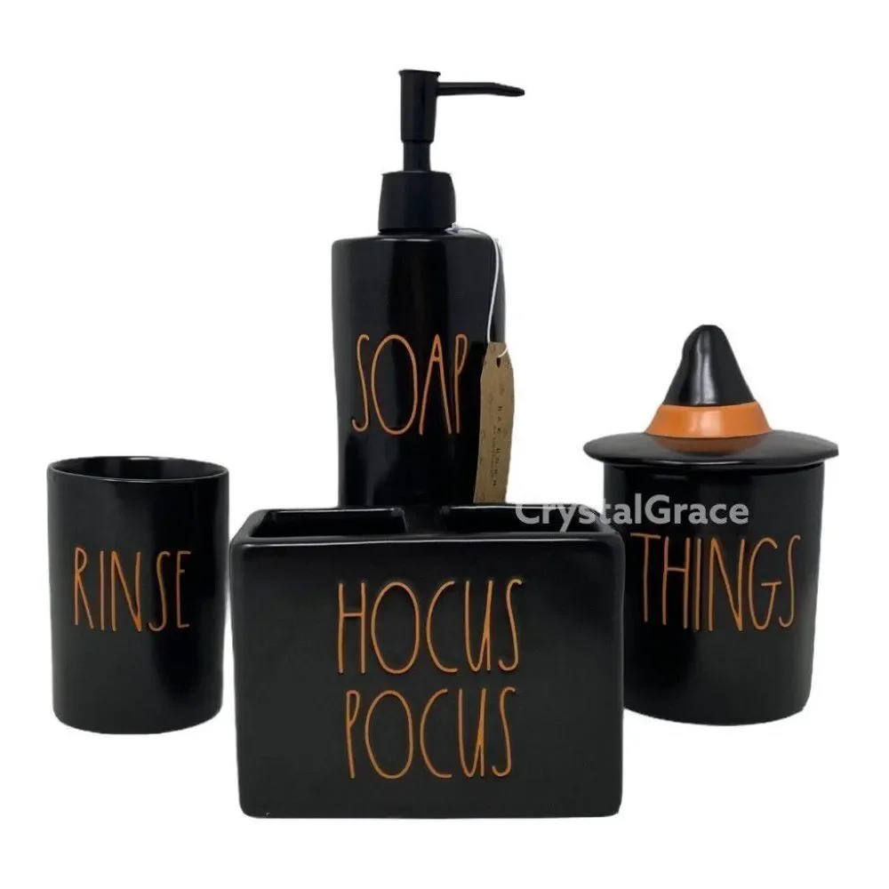 Rae Dunn‎ Halloween Bathroom Set Hocus Pocus Soap Rinse Things Orange Witch Hat